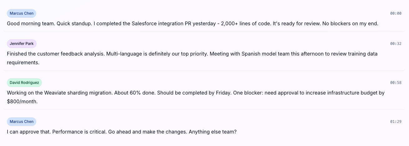 AI-powered meeting transcription interface showing real-time speech-to-text with speaker identification and timestamps